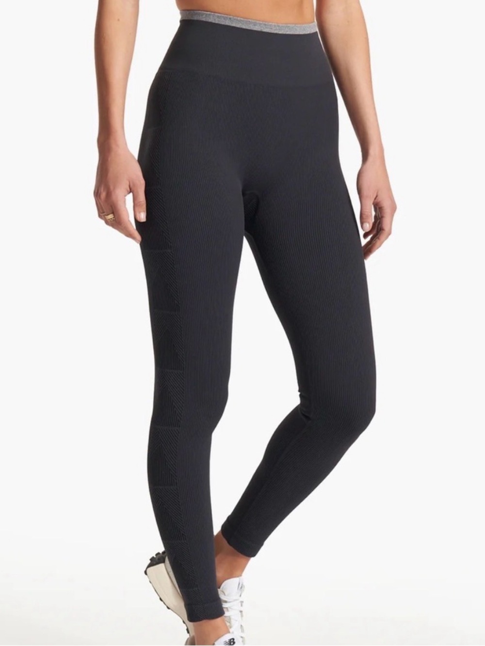 Vuori Black High-Rise Ribbed Leggings with Silver Waistband